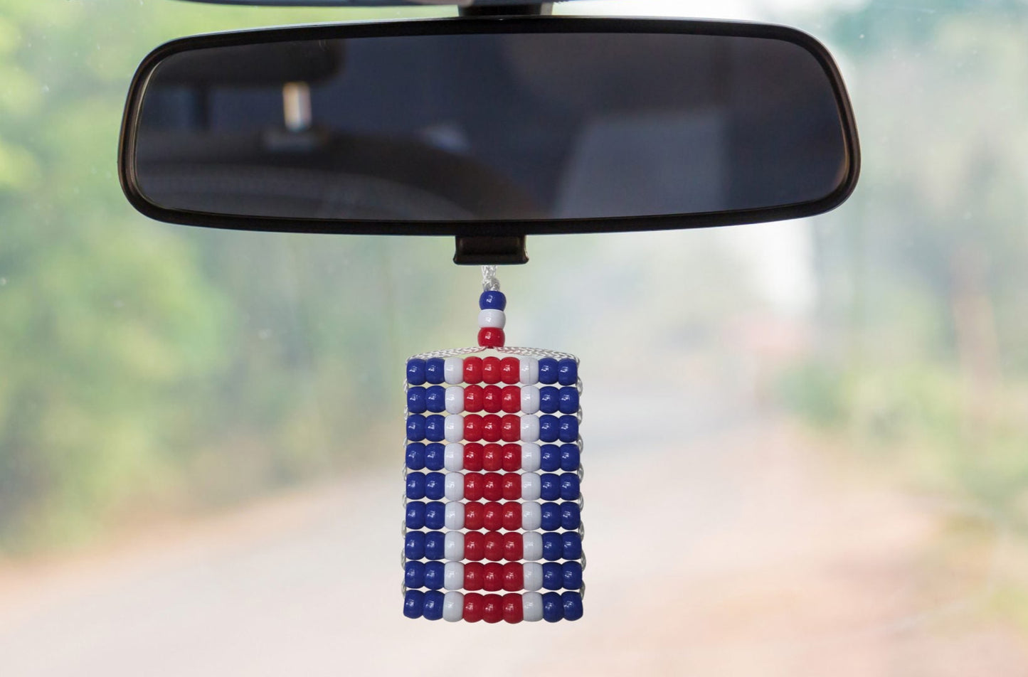 Costa Rica Flag Car Danglers. Mini Beaded Flag 2.5" x 3". Adjustable.