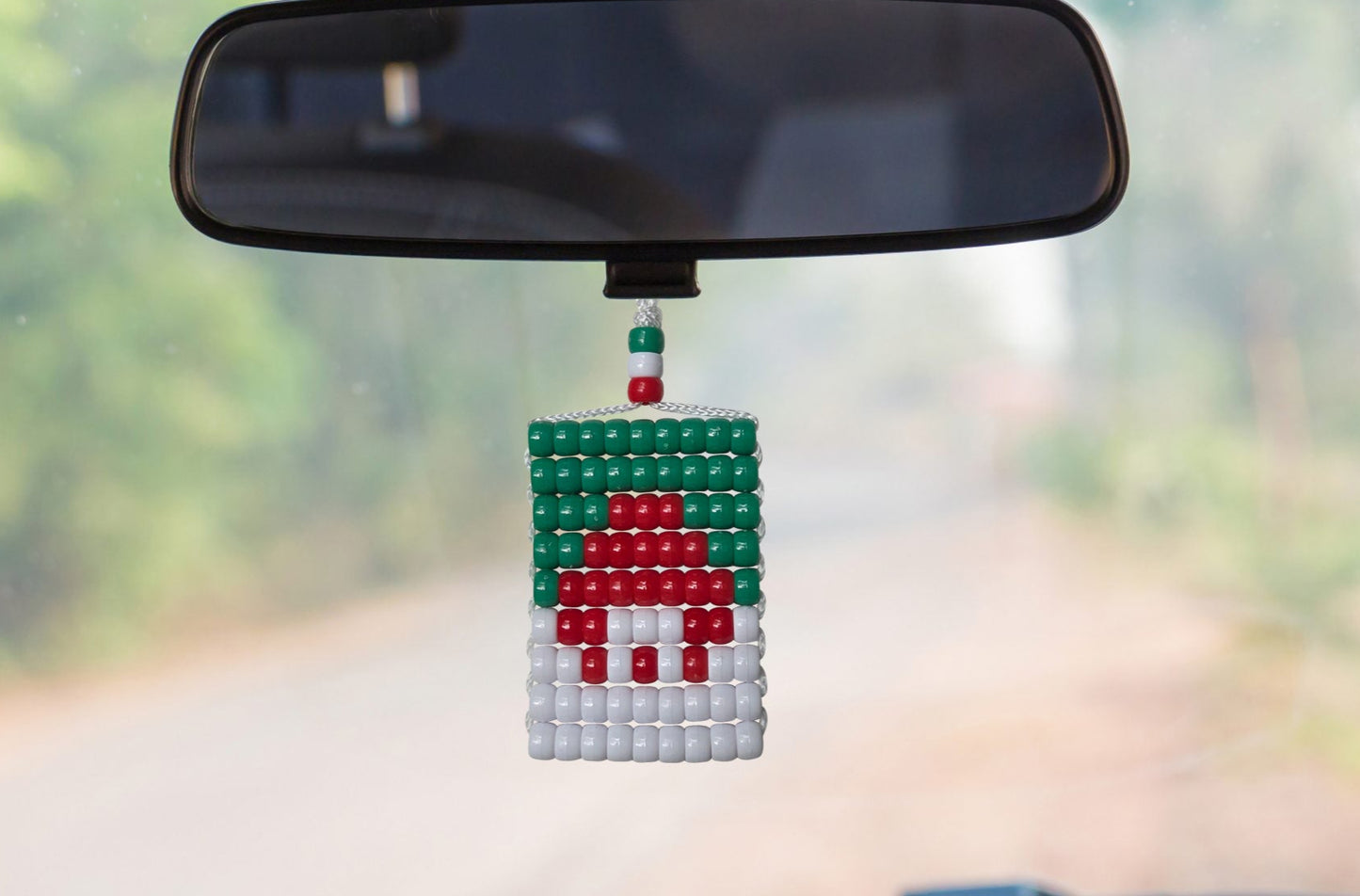Algeria Flag Car Danglers. Mini Beaded Flag 2.5" x 3". Adjustable.