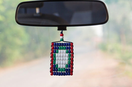 Belize Flag Car Danglers. Mini Beaded Flag 2.5" x 3". Adjustable.