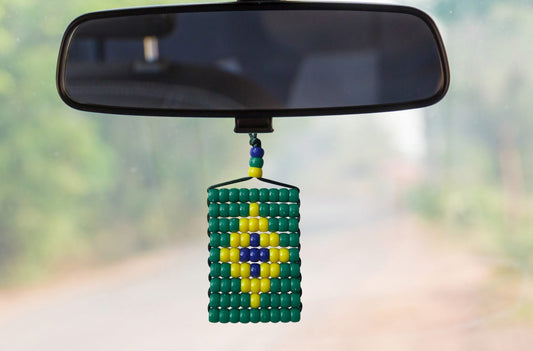 Brazil Flag Car Danglers. Mini Beaded Flag 2.5" x 3". Adjustable.