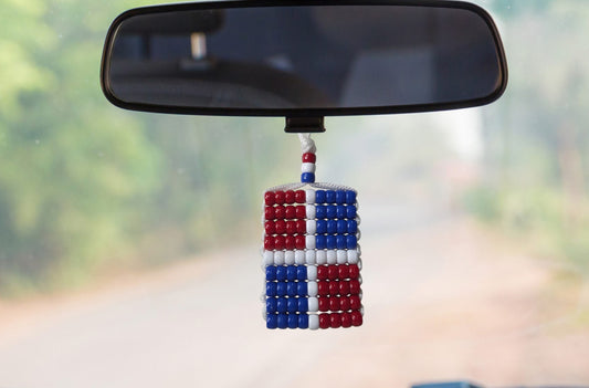 Dominican Republic Flag Car Danglers. Mini Beaded Flag 2.5" x 3". Adjustable.