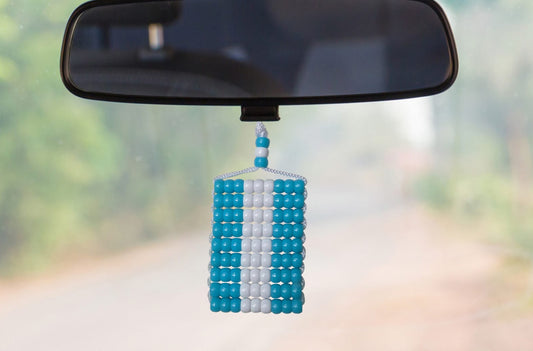 El Salvador Flag Car Danglers. Mini Beaded Flag 2.5" x 3". Adjustable.