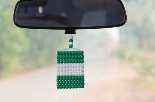 Nigeria Flag Car Danglers. Mini Beaded Flag 2.5" x 3". Adjustable.