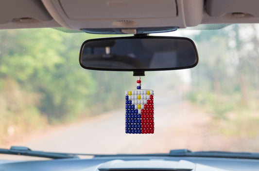 Philippines Flag Car Mirror Danglers/Necklace. Mini Beaded Flag 2.5" x 3".
