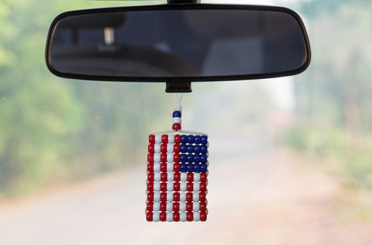 United States of America Flag Car Danglers. Mini Beaded Flag 2.5" x 3". Adjustable.